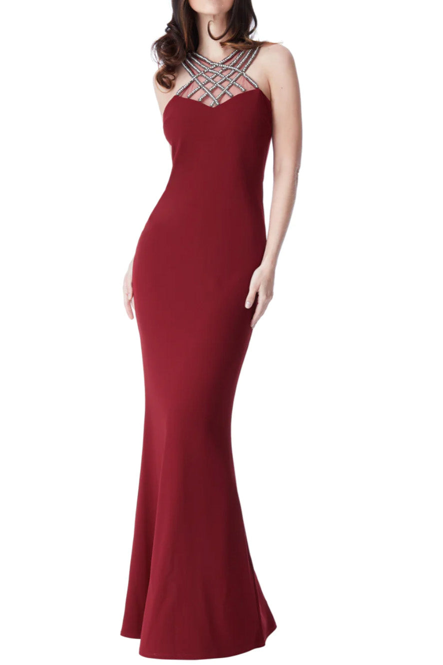 ジュエルクロスネックマーメイドロングドレスレッドMサイズ