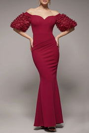 ボリュームオフショルダーマーメイドドレスボルドーSサイズ