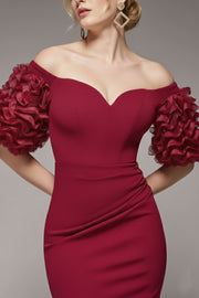 ボリュームオフショルダーマーメイドドレスボルドーSサイズ