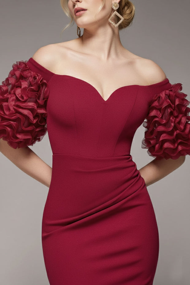 ボリュームオフショルダーマーメイドドレスボルドーSサイズ