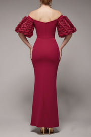 ボリュームオフショルダーマーメイドドレスボルドーSサイズ