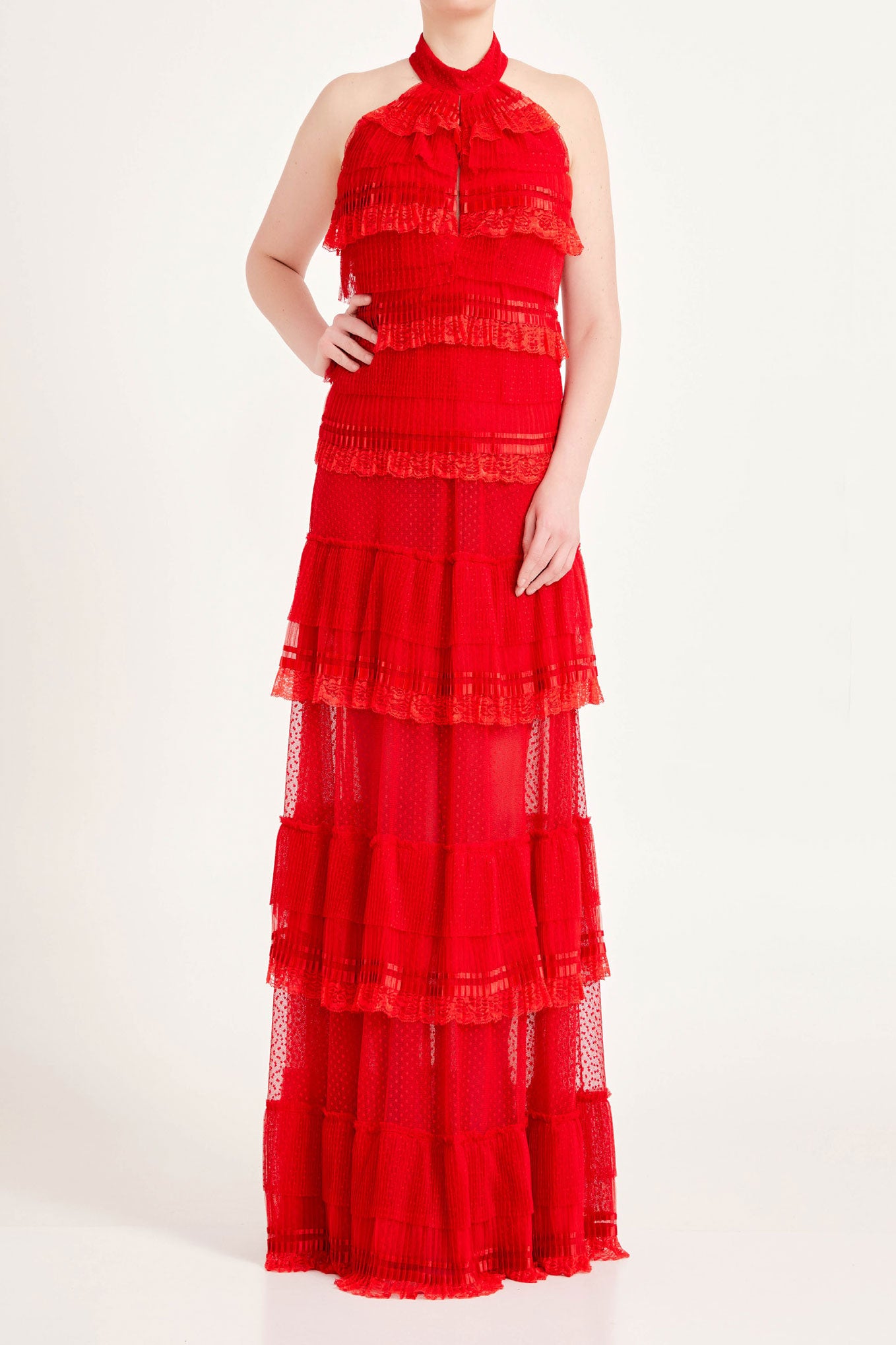 レースティアードホルターネックロングドレスレッドSサイズ(38)