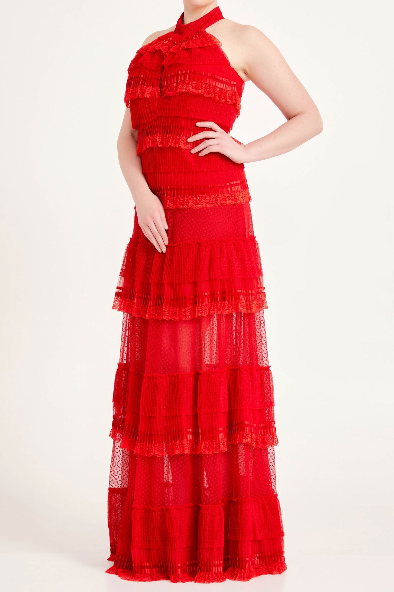 レースティアードホルターネックロングドレスレッドSサイズ(38)