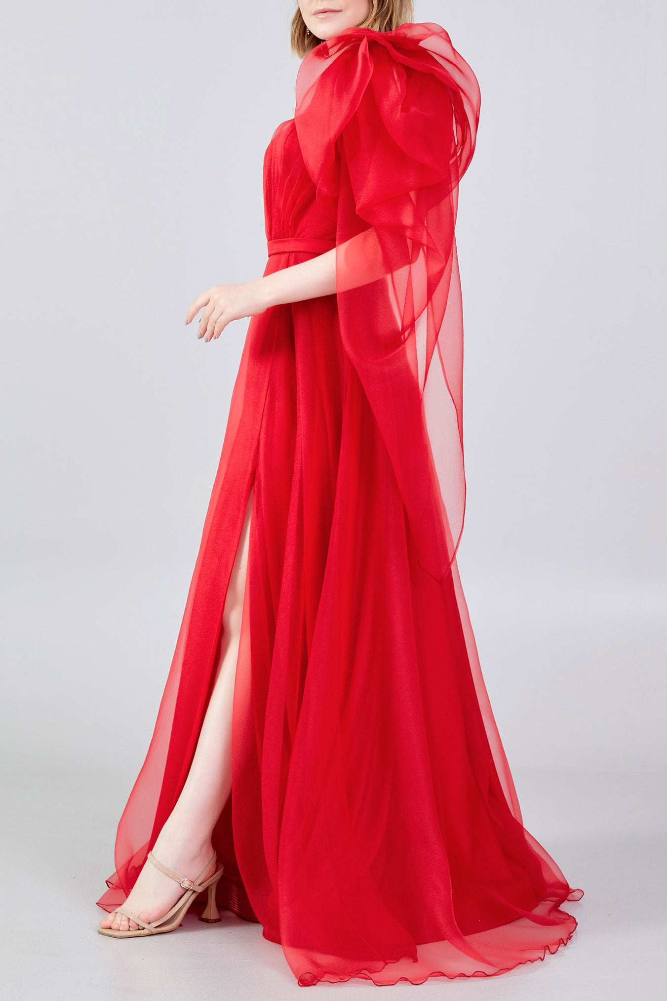 ボリュームワンショルダーAラインドレスレッドSサイズ(38)