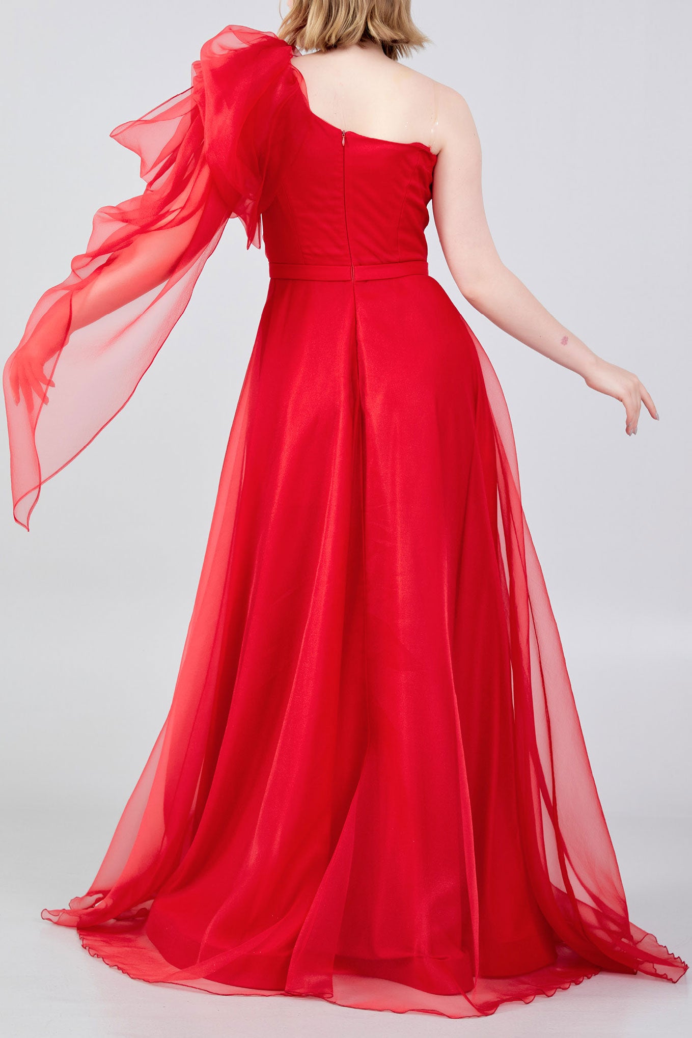 ボリュームワンショルダーAラインドレスレッドSサイズ(38)