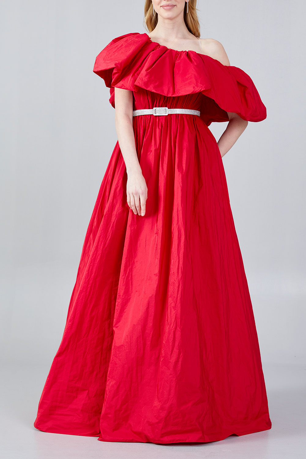 ボリュームオフショルダーAラインドレスレッドLサイズ(42) (シルバーベルト付き)