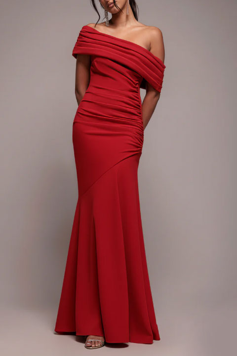 ワンショルダーギャザーフレアロングドレスレッドSサイズ