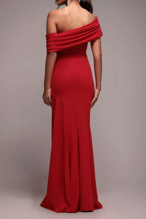 ワンショルダーギャザーフレアロングドレスレッドSサイズ