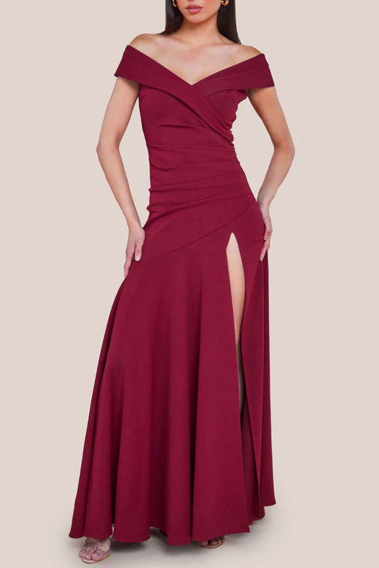 オフショルダーギャザーフレアロングドレスボルドーMサイズ