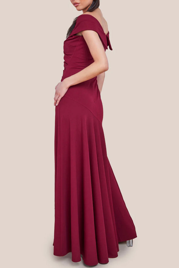 オフショルダーギャザーフレアロングドレスボルドーMサイズ