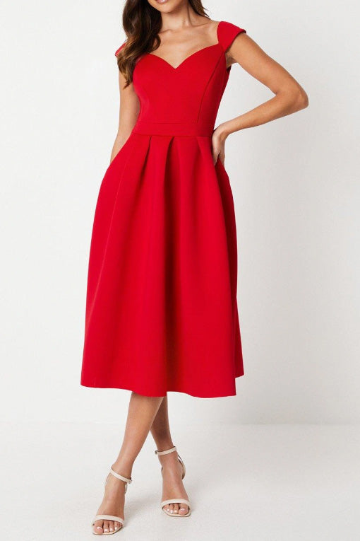 ボンディングフィットアンドフレアミディドレスレッドSサイズ