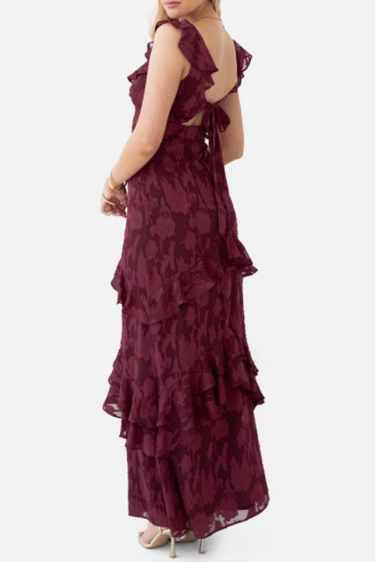 フローラルオパールロングドレスボルドーSサイズ