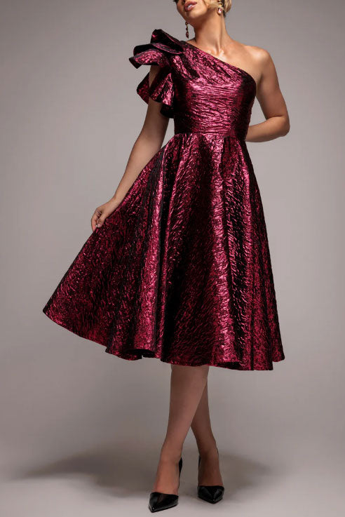 ジャガードワンショルダーミディドレスレッドSサイズ