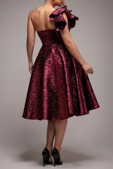 ジャガードワンショルダーミディドレスレッドSサイズ