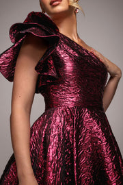 ジャガードワンショルダーミディドレスレッドSサイズ