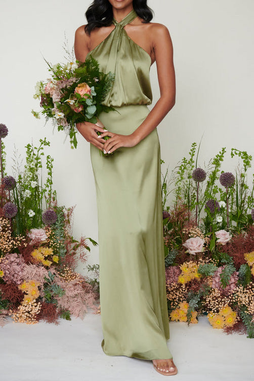 サテンツイストホルターロングドレスグリーンSサイズ