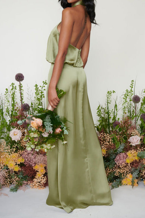 サテンツイストホルターロングドレスグリーンLサイズ