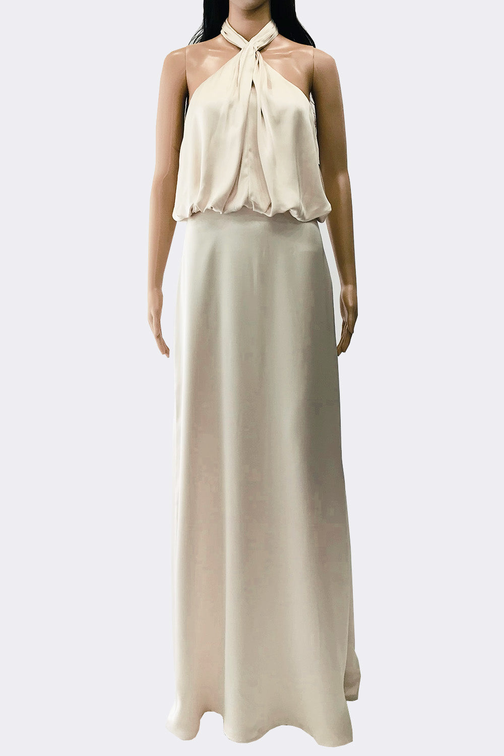 サテンツイストホルターロングドレスシャンパンゴールドSサイズ