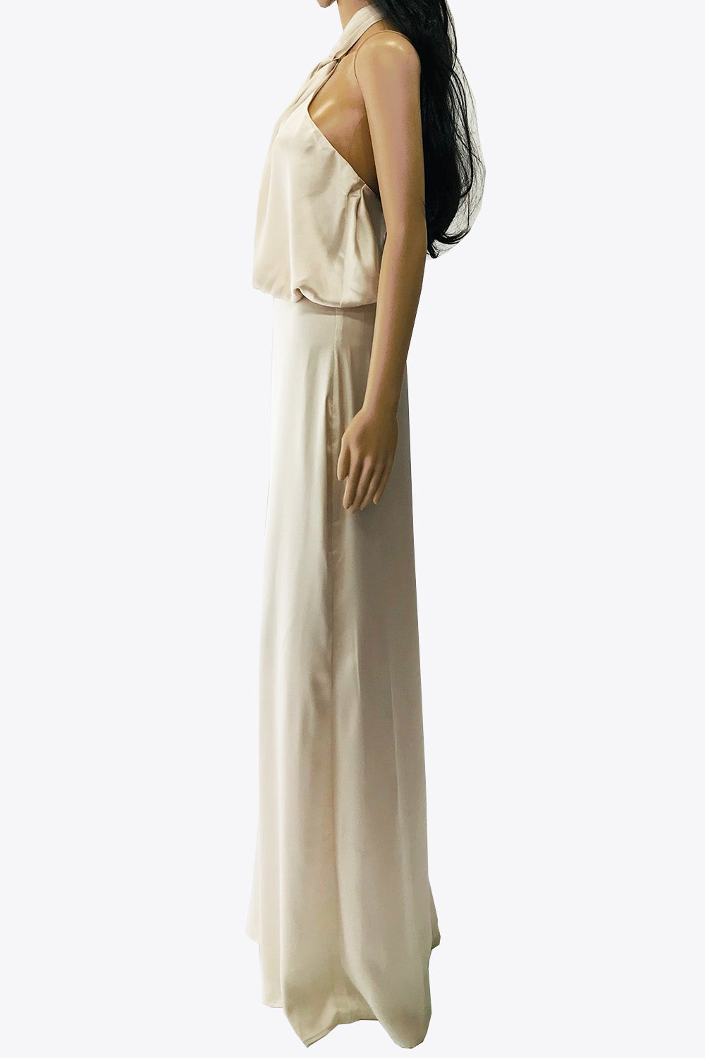 サテンツイストホルターロングドレスシャンパンゴールドSサイズ