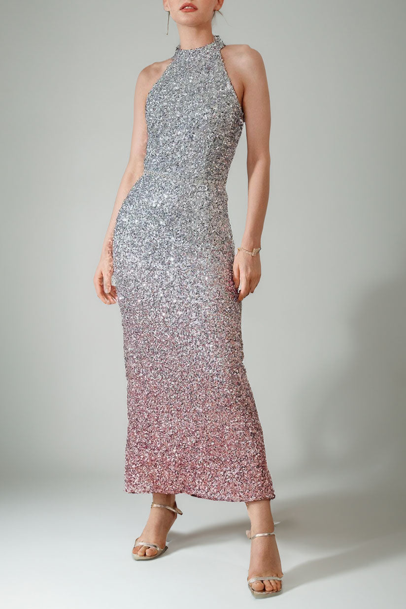 グラデーションスパンコールホルターネックロングドレスシルバーSサイズ