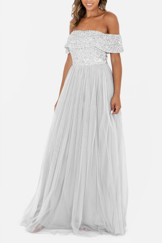 ビジューオフショルダーロングドレスダークシルバーMサイズ