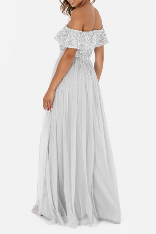 ビジューオフショルダーロングドレスシルバーMサイズ