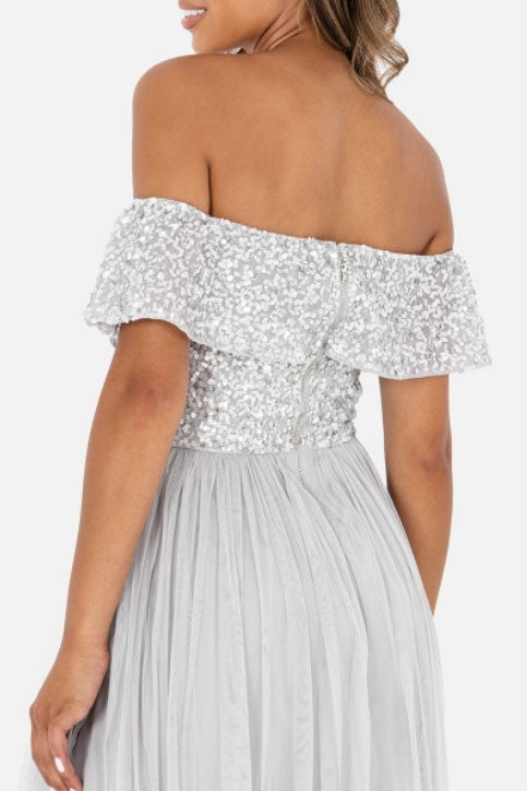 ビジューオフショルダーロングドレスシルバーMサイズ