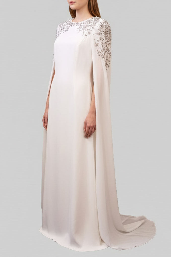 クリスタルビジューケープロングドレスホワイトMサイズ