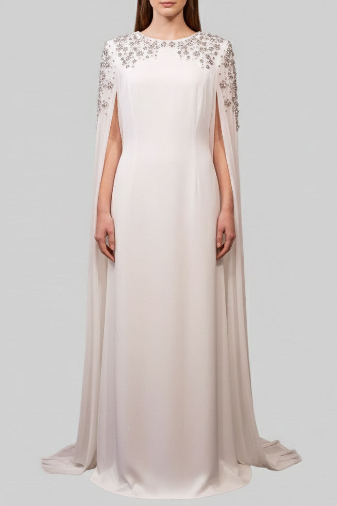 クリスタルビジューケープロングドレスホワイトMサイズ