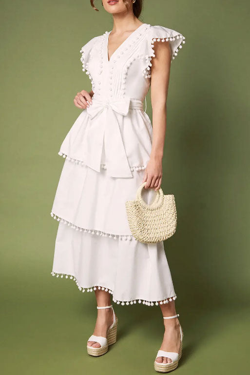 ポンポントリムティアードミディドレスホワイトMサイズ