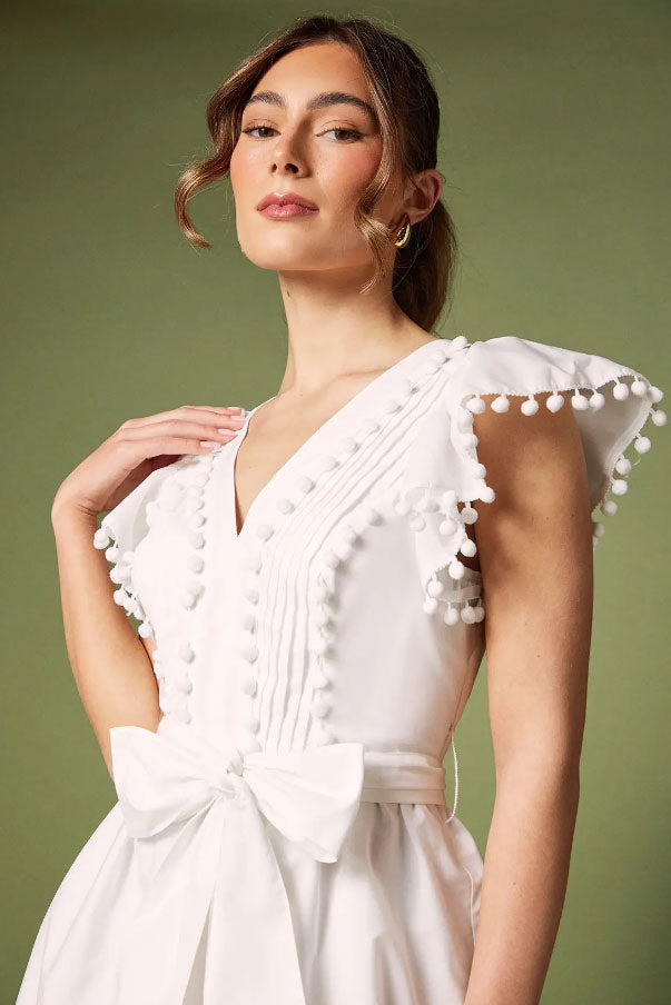 ポンポントリムティアードミディドレスホワイトMサイズ