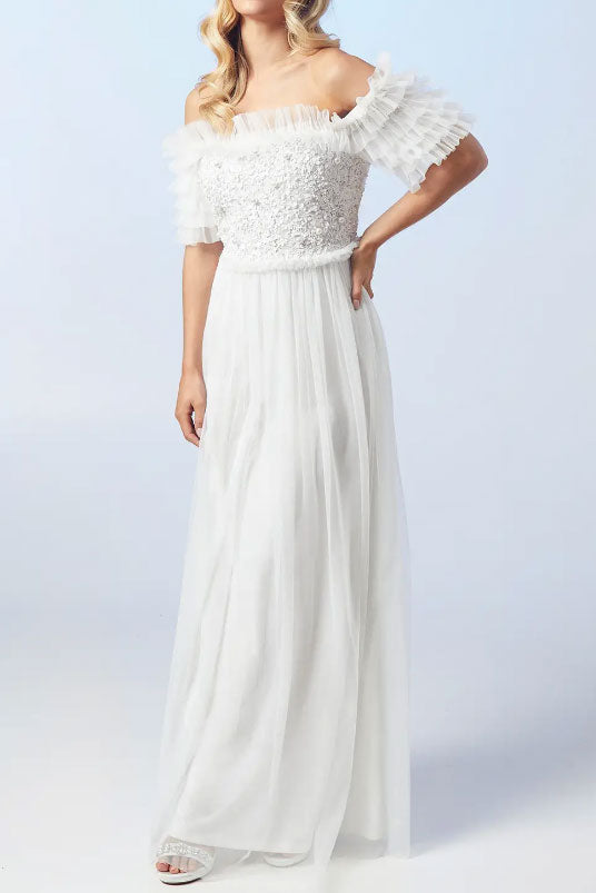 パール＆スパンコールオフショルダーチュールフリルドレスMサイズ