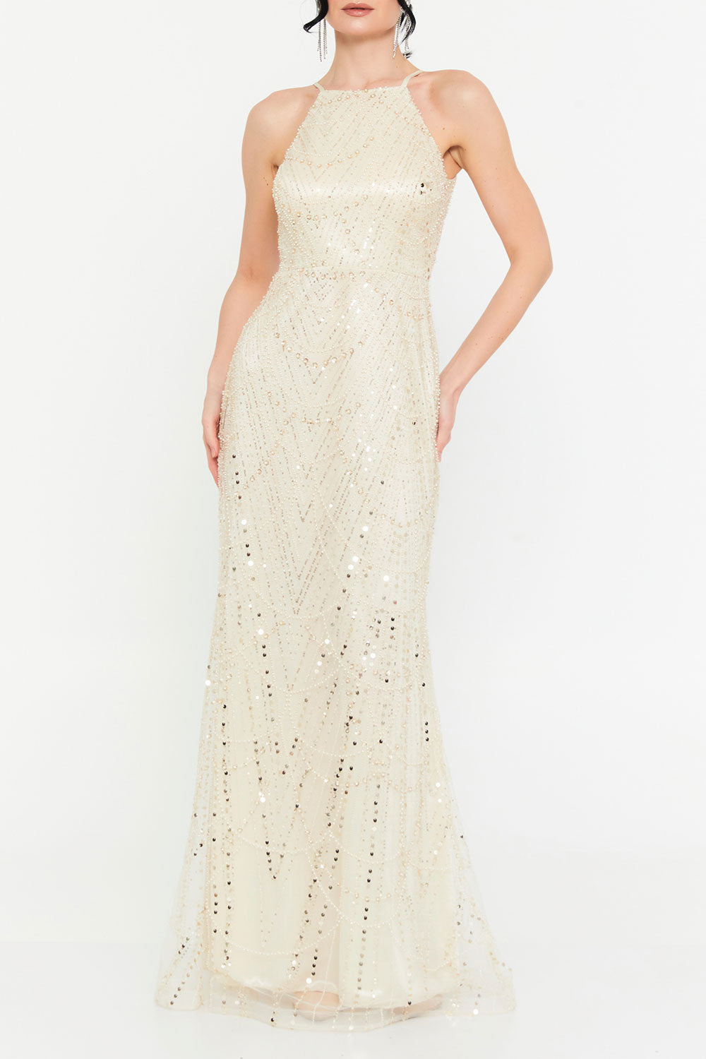 パールホルターネックオープンバックロングドレスホワイトSサイズ(38)