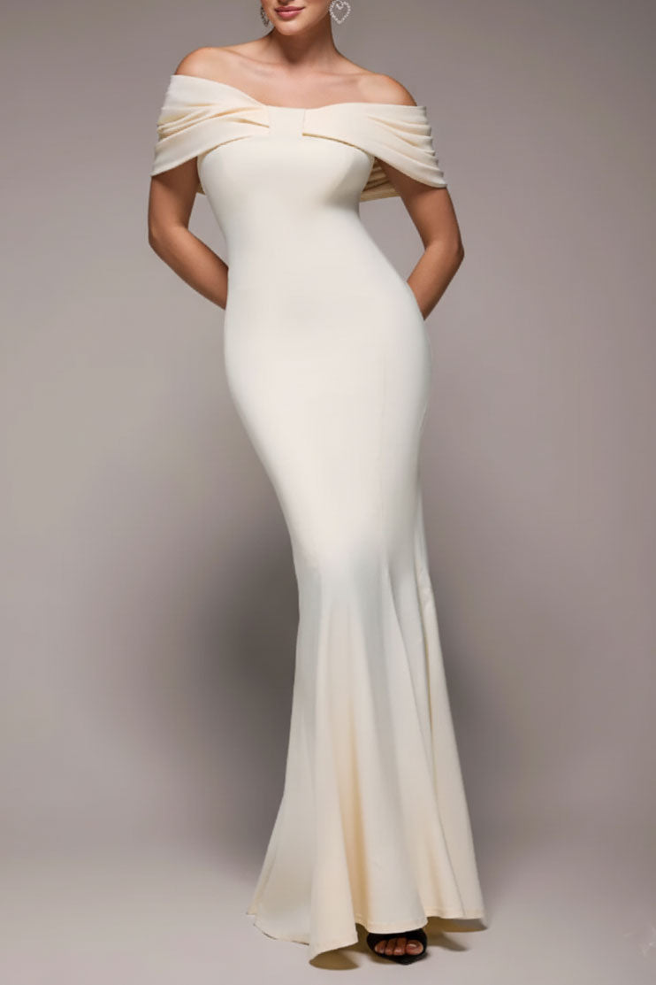 ドレープオフショルダーマーメイドドレスアイボリーSサイズ