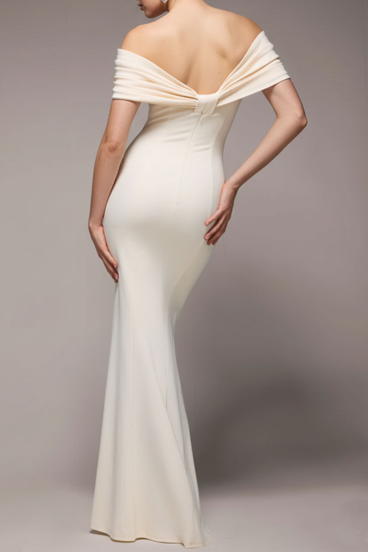 ドレープオフショルダーマーメイドドレスアイボリーSサイズ