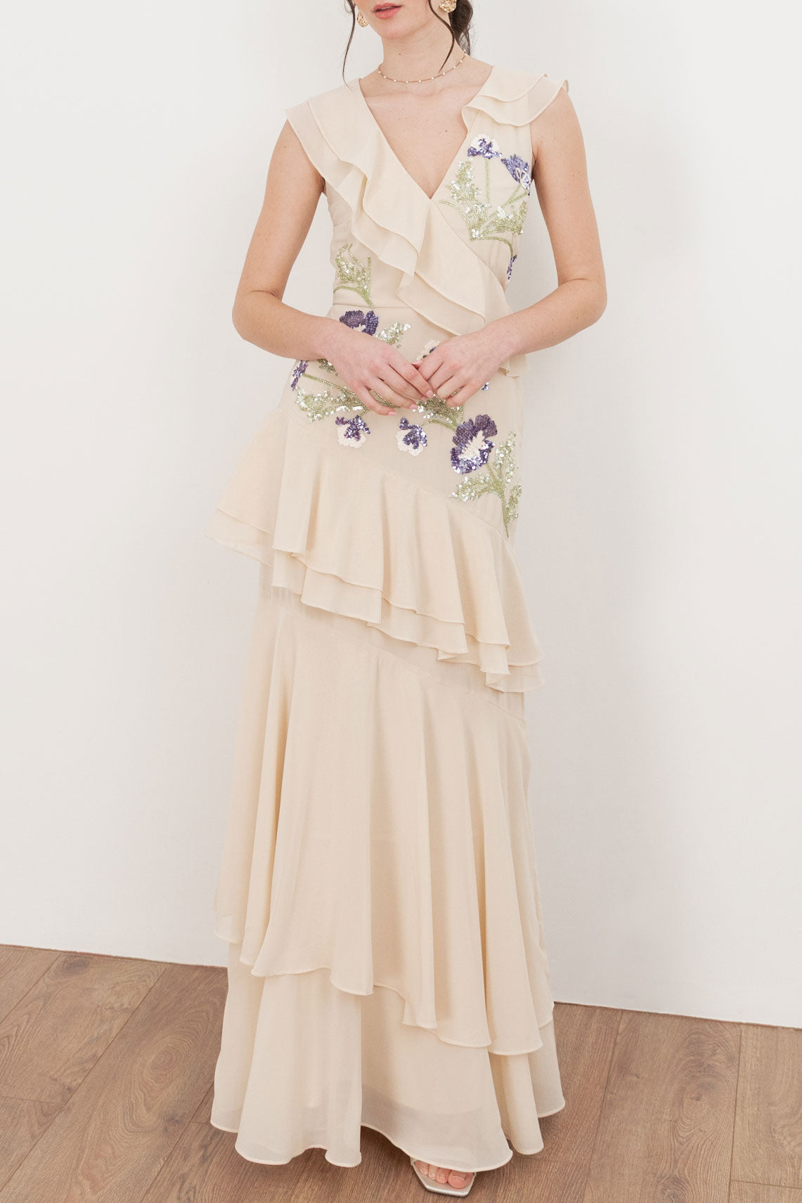 ビジューラッフルスリーブアシンメトリーティアードドレスアイボリーMサイズ