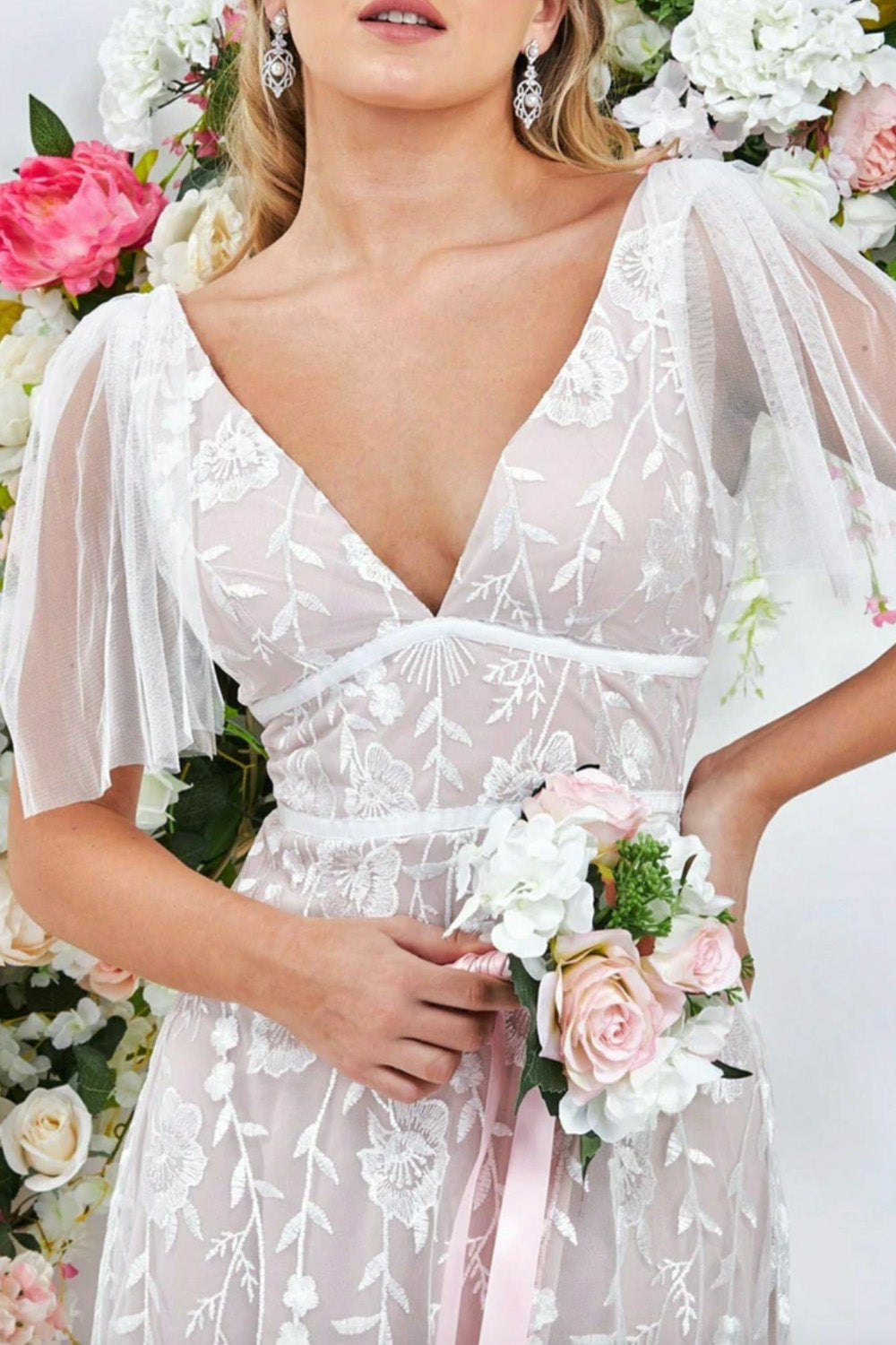 VネックエンブロイダリーロングドレスホワイトMサイズ