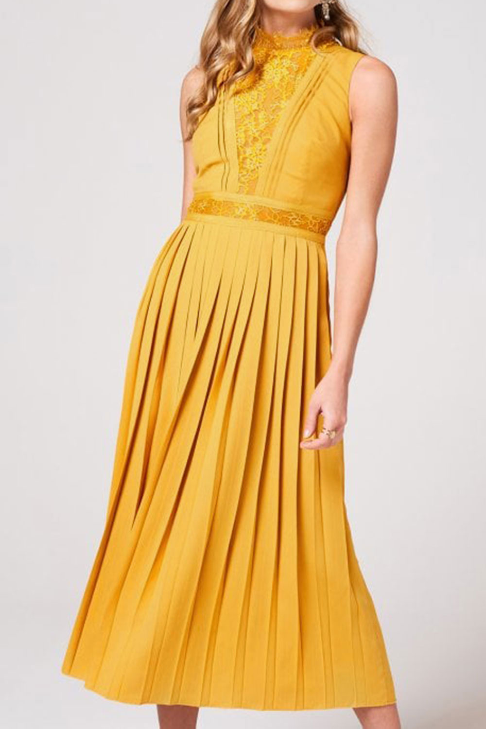 レースパネルプリーツマキシレングスドレスマスタードイエローSサイズ