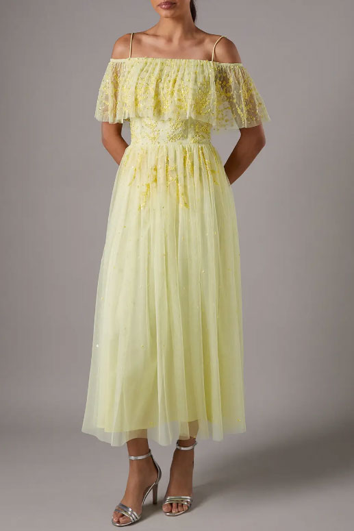 ビジューオフショルダーミディドレスイエローMサイズ