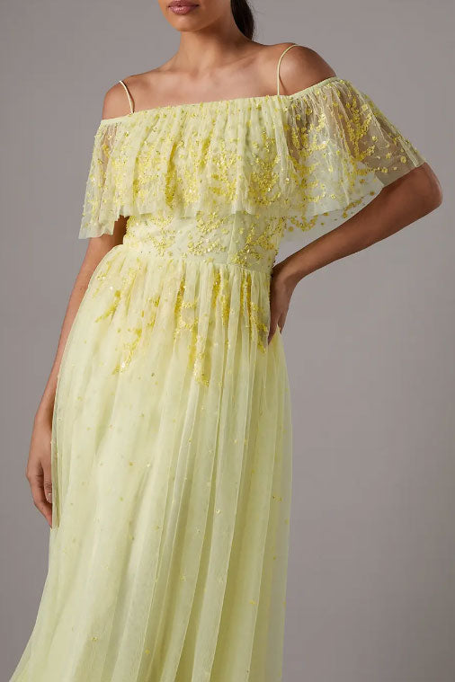 ビジューオフショルダーミディドレスイエローMサイズ