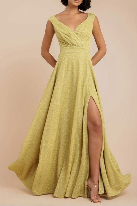 シャイニースリットロングドレスイエローMサイズ