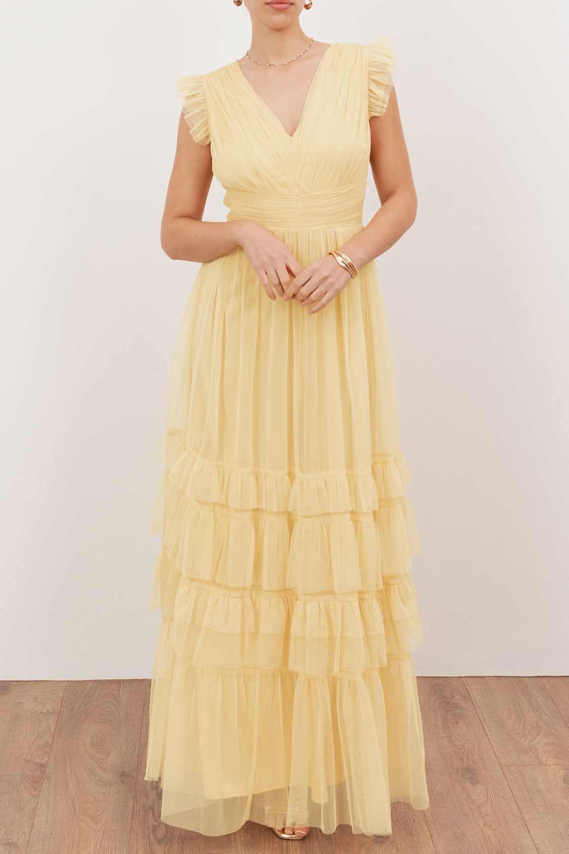 シアーチュールティアードフリルマキシドレスイエローMサイズ