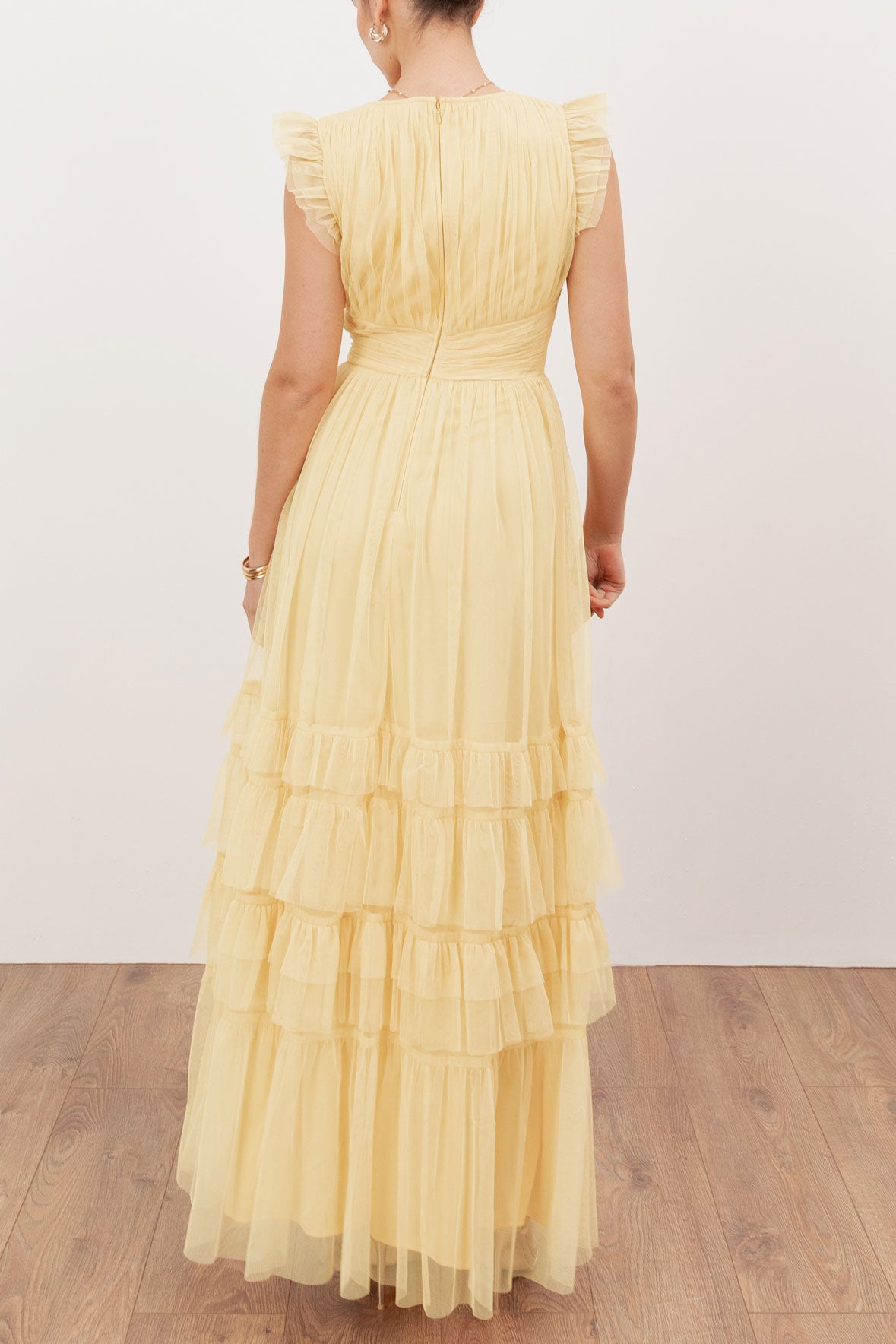 シアーチュールティアードフリルマキシドレスイエローMサイズ