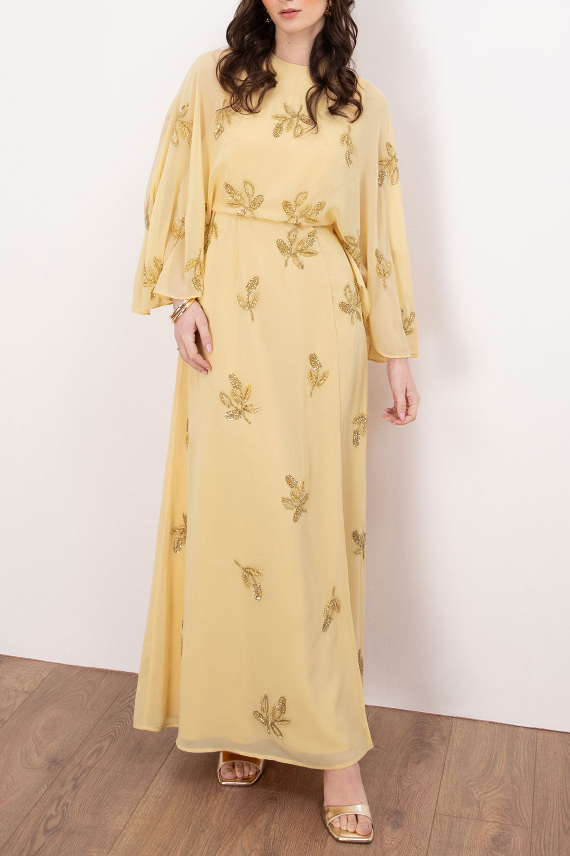 ボタニカル刺繍ケープスリーブマキシドレスイエローMサイズ