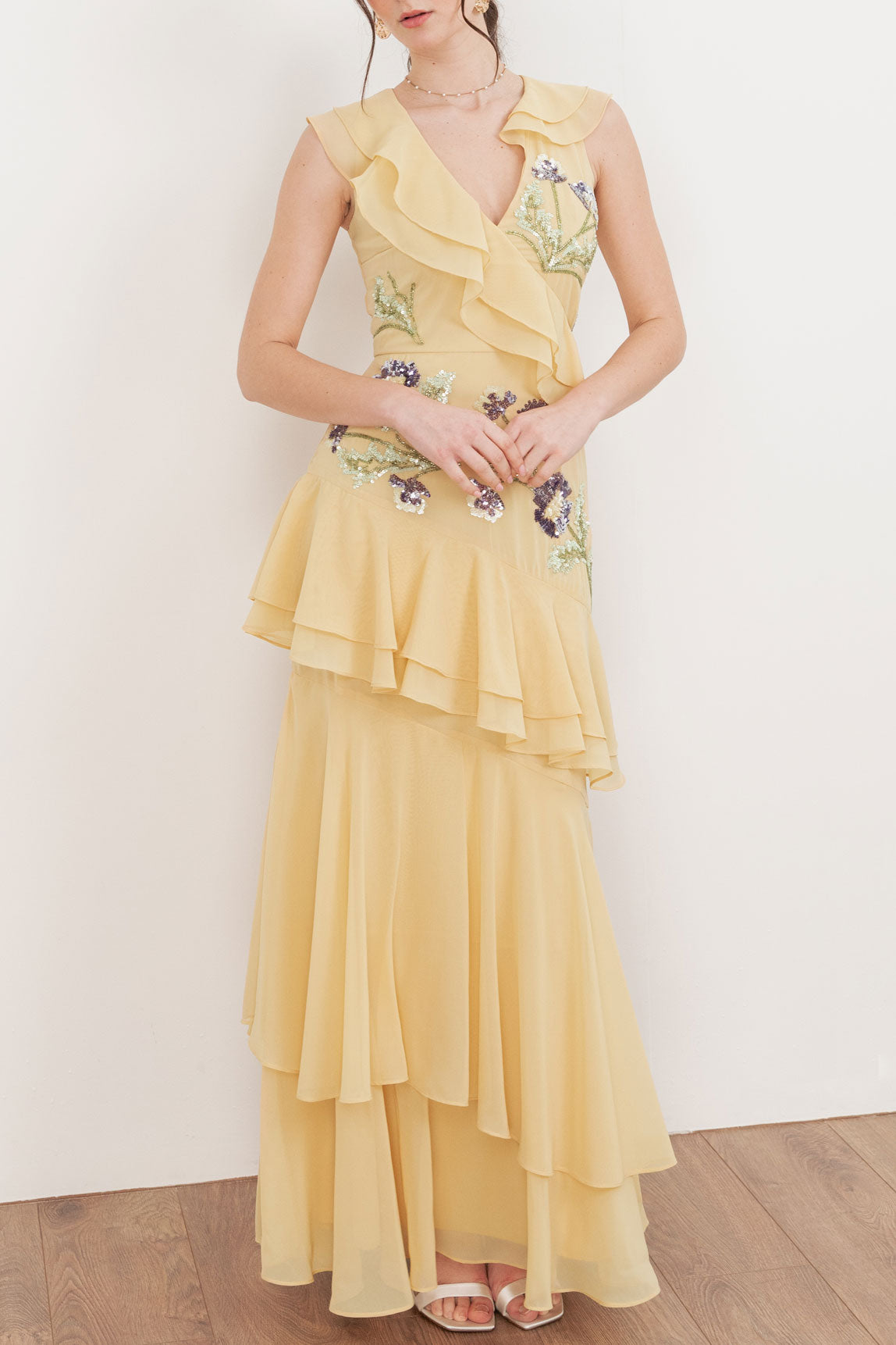 ビジューラッフルスリーブアシンメトリーティアードドレスイエローMサイズ