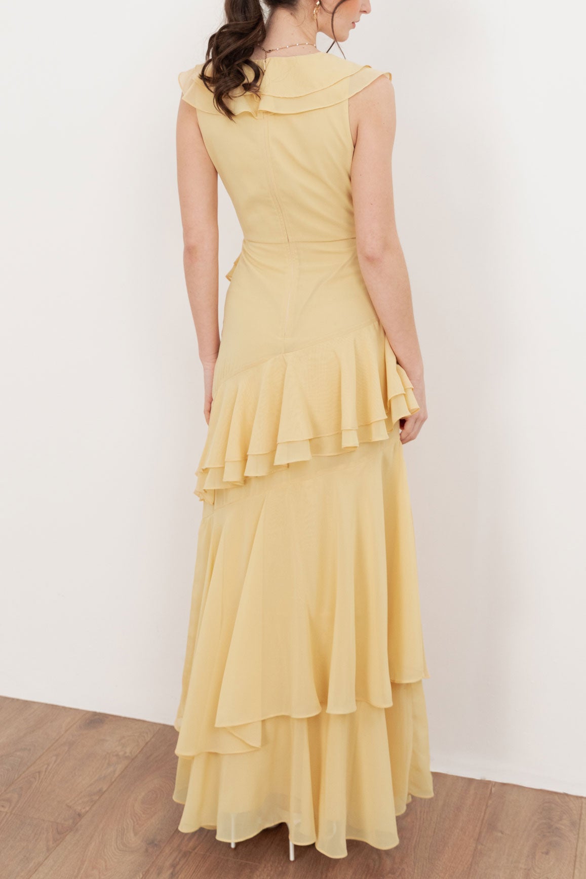 ビジューラッフルスリーブアシンメトリーティアードドレスイエローMサイズ