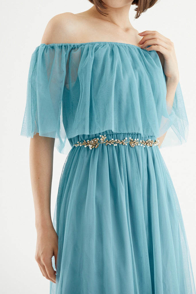 【ご試着送付】チュールオフショルダーロングドレスグリーン