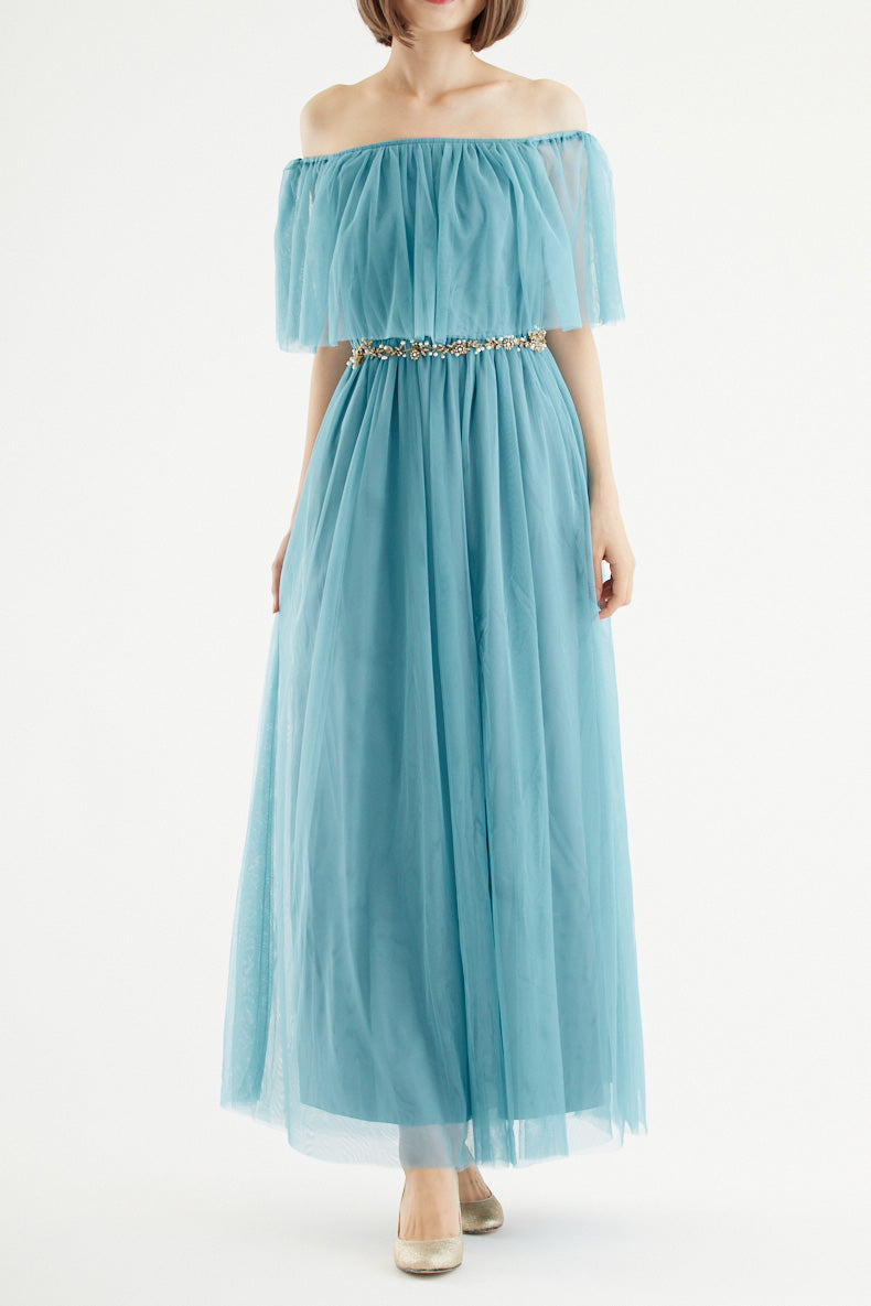 【ご試着送付】チュールオフショルダーロングドレスグリーン