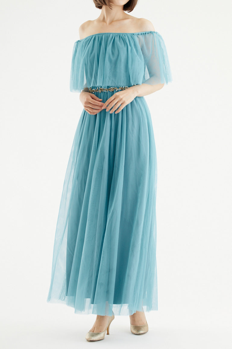 チュールオフショルダーロングドレスグリーン(ビジューベルト付き