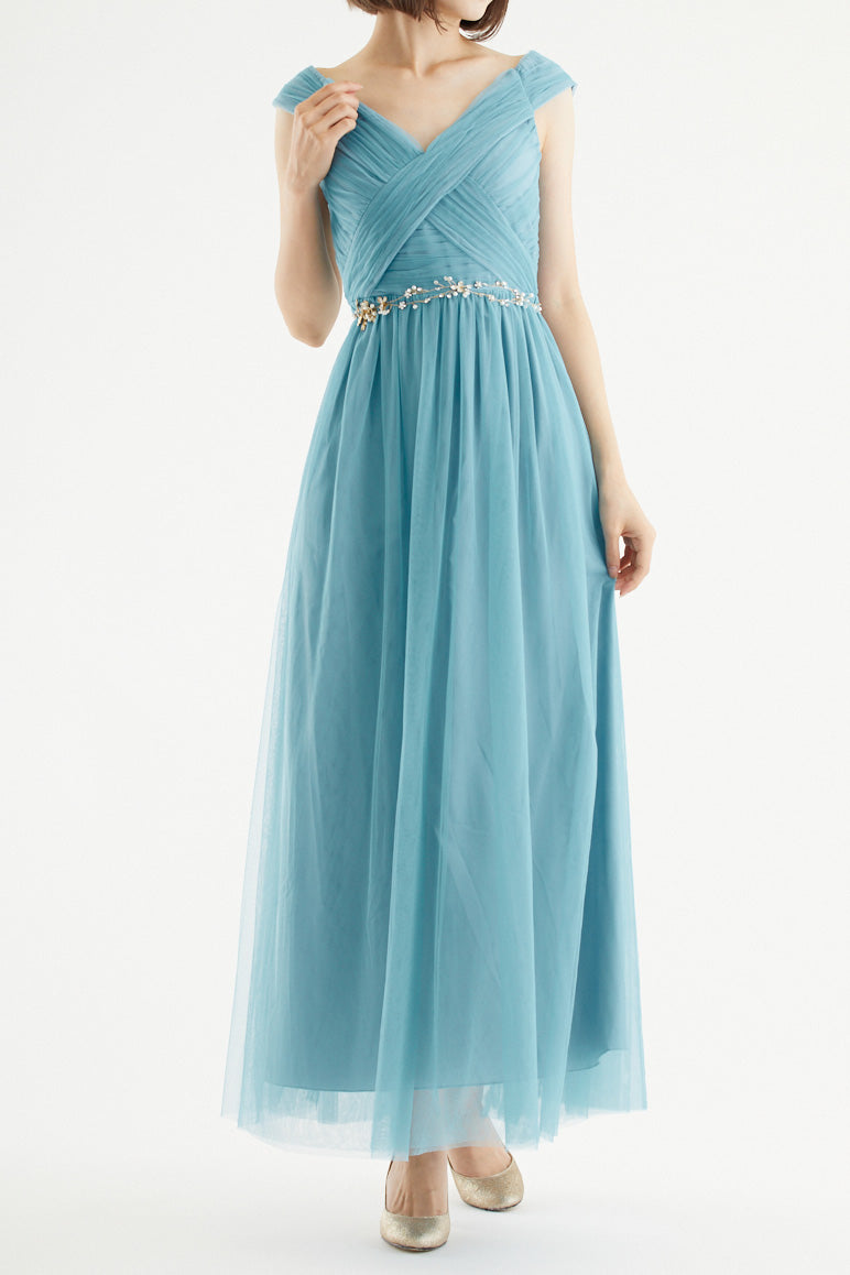 クロスショルダーロングドレスグリーン（ビジューベルト付き）